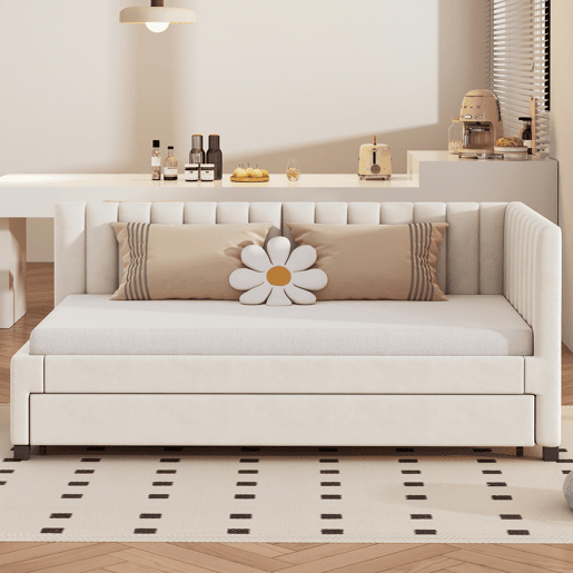 Cama individual 90x200 cm com cama com gavetão - estofada em veludo com estrado de ripas - Bege