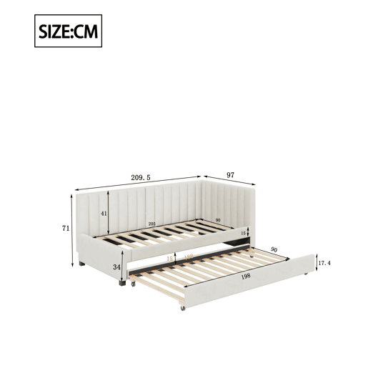 Cama individual 90x200 cm com cama com gavetão - estofada em veludo com estrado de ripas - Bege