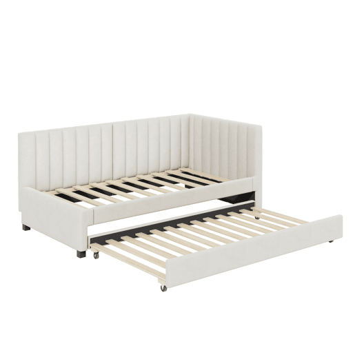 Cama individual 90x200 cm com cama com gavetão - estofada em veludo com estrado de ripas - Bege