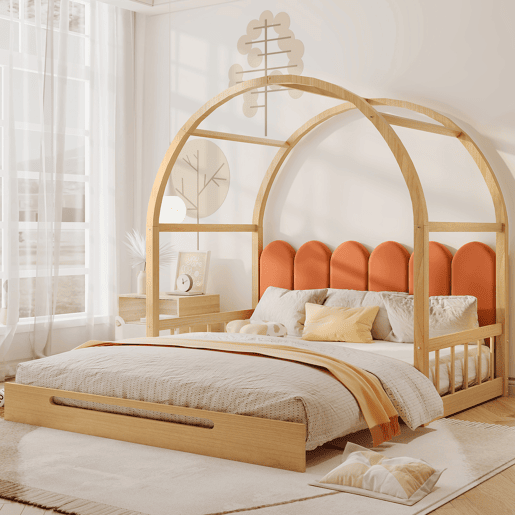 Cama com gavetão 140x100200cm de madeira maciça - com cabeceira de veludo e estrado de ripas - Laranja