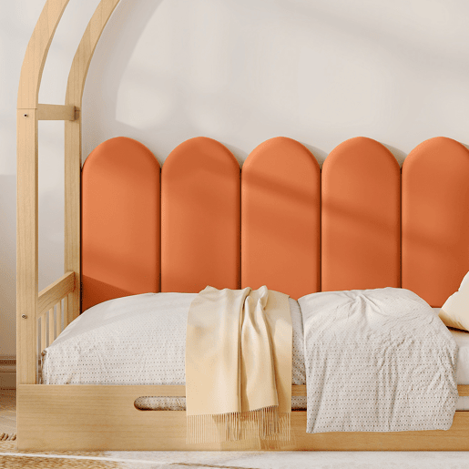 Cama com gavetão 140x100200cm de madeira maciça - com cabeceira de veludo e estrado de ripas - Laranja