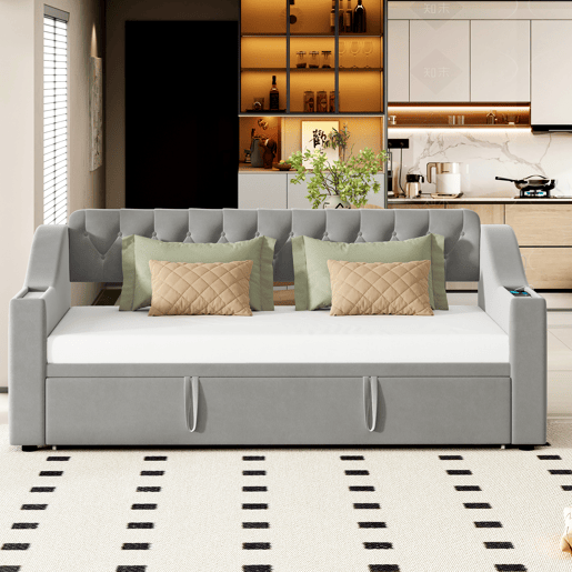 Cama com gavetão 90180x190 cm - com tomadas e compartimento para arrumação - tecido aveludado - Cinzento