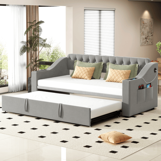 Cama com gavetão 90180x190 cm - com tomadas e compartimento para arrumação - tecido aveludado - Cinzento