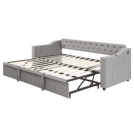 Cama com gavetão 90180x190 cm - com tomadas e compartimento para arrumação - tecido aveludado - Cinzento