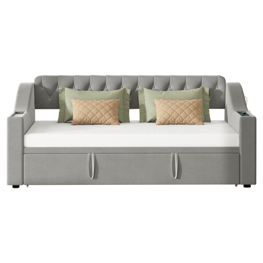 Cama com gavetão 90180x190 cm - com tomadas e compartimento para arrumação - tecido aveludado - Cinzento
