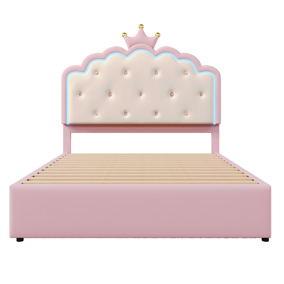 Cama tapizada 140x200cm en símil piel - con led + 2 cajones y cama nido 90x190cm - rosa