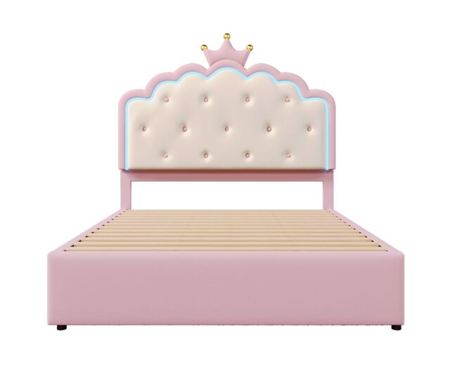 Cama tapizada 140x200cm en símil piel - con led + 2 cajones y cama nido 90x190cm - rosa