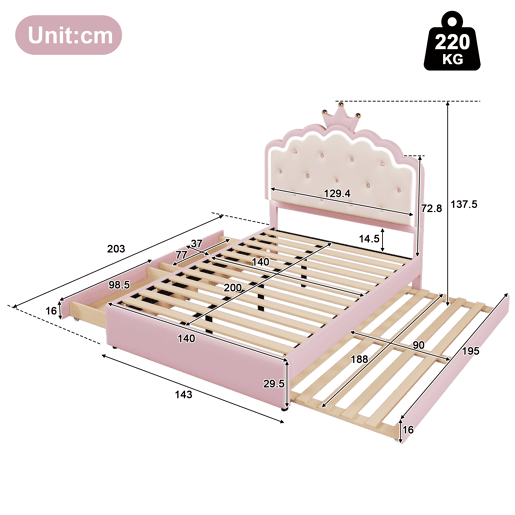 Cama estofada 140x200cm em pele sintética - com LED + 2 gavetas e cama com gavetão 90x190cm - Rosa Cama estofada 140x200cm em pele sintética - com LED + 2 gavetas e cama com gavetão 90x190cm - Rosa