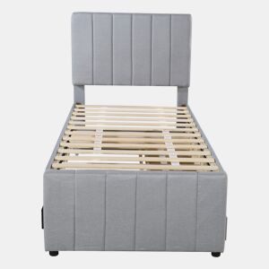 Cama estofada em linho 90x200 cm - com cama com rodízios e 3 gavetas - Cinzento