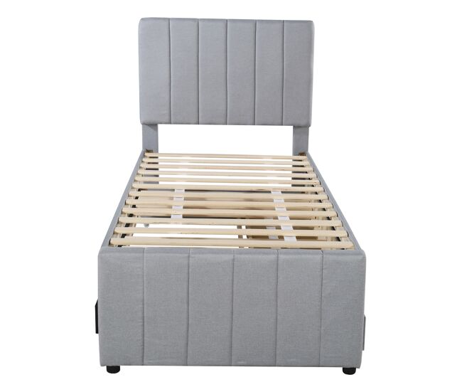 Cama tapizada de lino 90x200 cm - con cama nido con ruedas y 3 cajones - gris