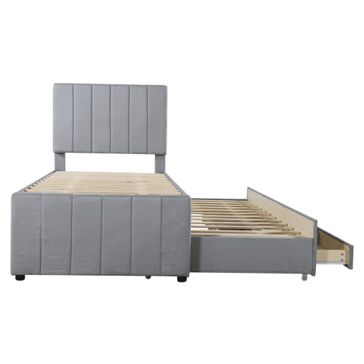 Cama estofada em linho 90x200 cm - com cama com rodízios e 3 gavetas - Cinzento
