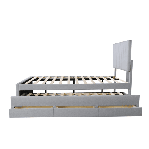 Cama estofada em linho 90x200 cm - com cama com rodízios e 3 gavetas - Cinzento