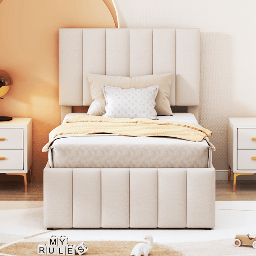 Cama estofada em linho 90x200 cm - com cama com rodízios e 3 gavetas - Bege