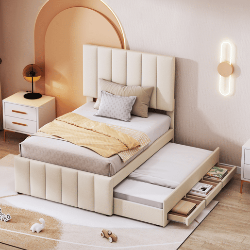 Cama estofada em linho 90x200 cm - com cama com rodízios e 3 gavetas - Bege