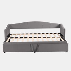 Cama com gavetão de veludo 180x200 cm - estrado de ripas - cinzento
