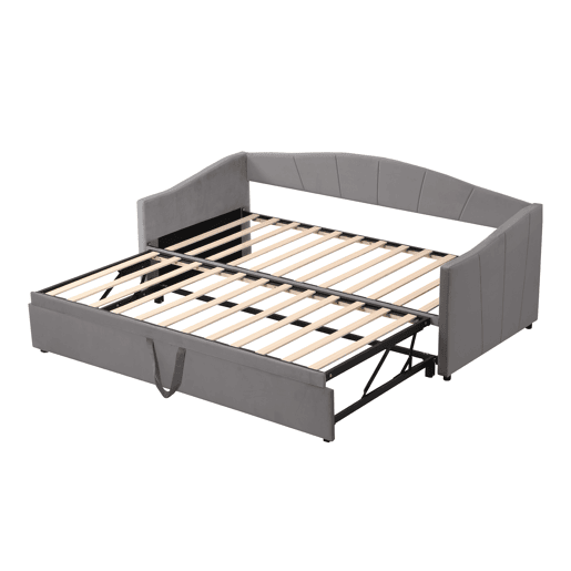 Cama com gavetão de veludo 180x200 cm - estrado de ripas - cinzento