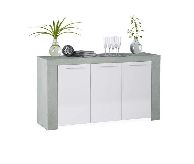 Aparador de 3 puertas con gran almacenamiento en blanco artik y gris cemento 144 cm dara blanco artik (blanco mate) - gris cemento 144 x 80 x 42 cm