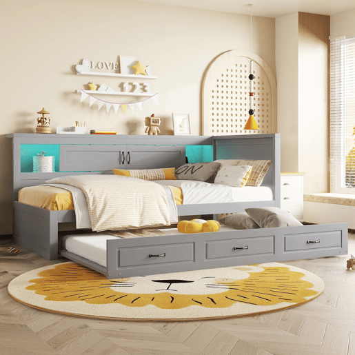 Divã 90x200cm com LED e tomadas - com cama com gavetão 90x190cm - Cinzento