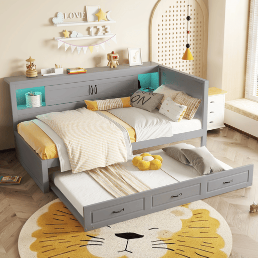 Divã 90x200cm com LED e tomadas - com cama com gavetão 90x190cm - Cinzento