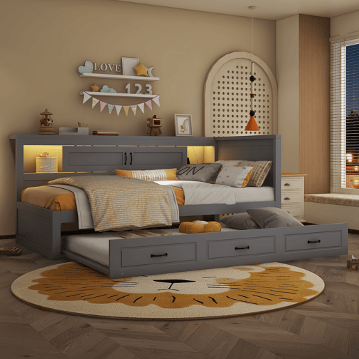 Divã 90x200cm com LED e tomadas - com cama com gavetão 90x190cm - Cinzento