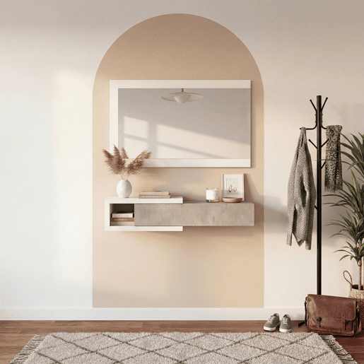 Armário de corredor Derek com espelho Branco Artik (Branco mate) - Cinzento Cimento 95 x 19 x 26 cm Armário de corredor Derek com espelho Branco Artik (Branco mate) - Cinzento Cimento 95 x 19 x 26 cm