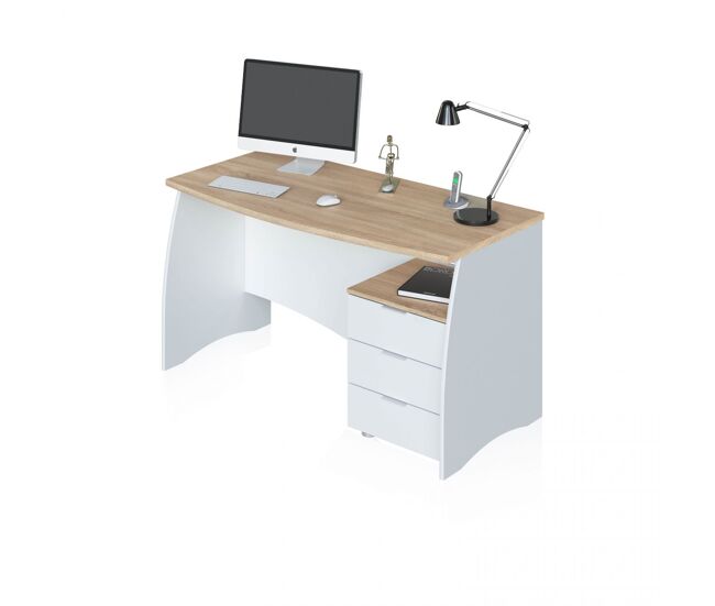 Mesa de escritorio con 3 cajones en blanco artik y roble canadian 136x67 cm elan blanco artik (blanco mate) - roble canadian 136 x 74 x 67 cm