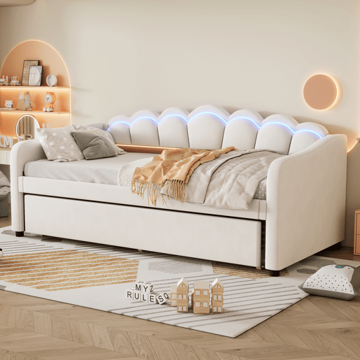 Cama divã com LED 90x200cm + cama com gavetão 90x190cm - estofo em tecido de veludo - Bege (colchão não incluído)
