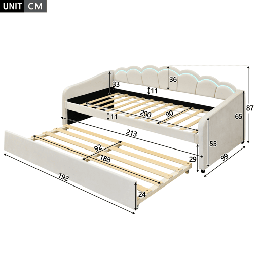 Cama divã com LED 90x200cm + cama com gavetão 90x190cm - estofo em tecido de veludo - Bege (colchão não incluído)