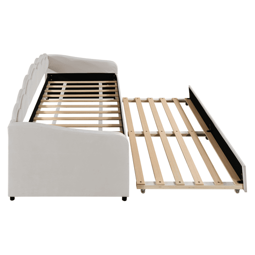 Cama divã com LED 90x200cm + cama com gavetão 90x190cm - estofo em tecido de veludo - Bege (colchão não incluído)