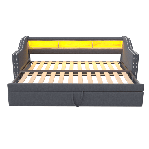 Sofá-cama extraível 90180x190cm em linho - com LED e USB - com base de ripas - Cinzento