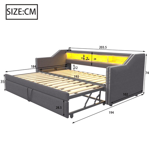 Sofá-cama extraível 90180x190cm em linho - com LED e USB - com base de ripas - Cinzento