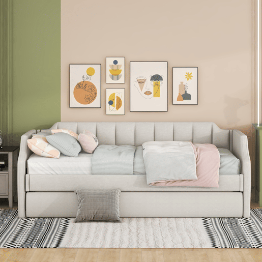Cama de rodízio 90x190200cm em tecido de linho - com estrado de molas - Bege