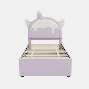 Cama de criança 90x200cm com cama com gavetão 90x190cm - cabeceira em forma de unicórnio com LED - em couro ecológico - Roxo claro