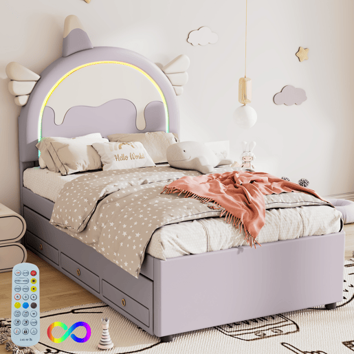 Cama de criança 90x200cm com cama com gavetão 90x190cm - cabeceira em forma de unicórnio com LED - em couro ecológico - Roxo claro