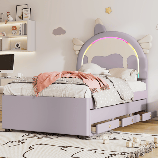 Cama de criança 90x200cm com cama com gavetão 90x190cm - cabeceira em forma de unicórnio com LED - em couro ecológico - Roxo claro