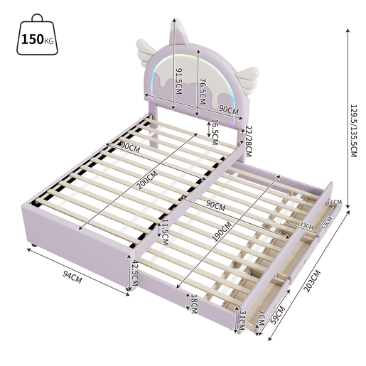 Cama de criança 90x200cm com cama com gavetão 90x190cm - cabeceira em forma de unicórnio com LED - em couro ecológico - Roxo claro