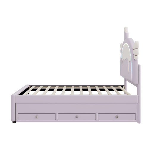 Cama de criança 90x200cm com cama com gavetão 90x190cm - cabeceira em forma de unicórnio com LED - em couro ecológico - Roxo claro