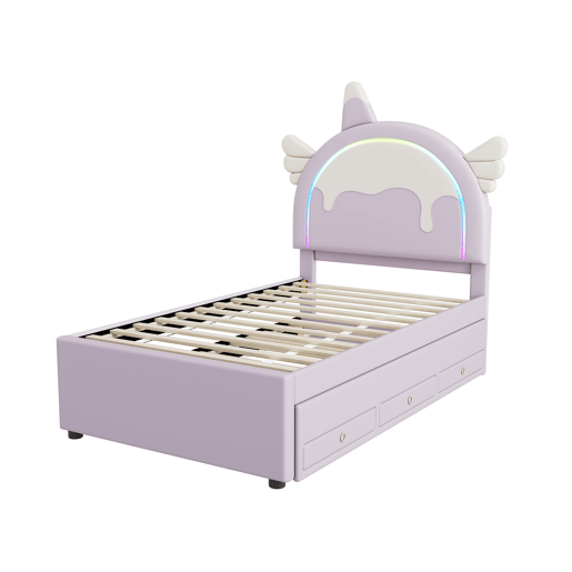 Cama de criança 90x200cm com cama com gavetão 90x190cm - cabeceira em forma de unicórnio com LED - em couro ecológico - Roxo claro