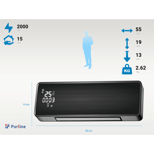 Aquecedor de parede cerâmico split 2000 W com frente em vidro preto com controlo WIFI