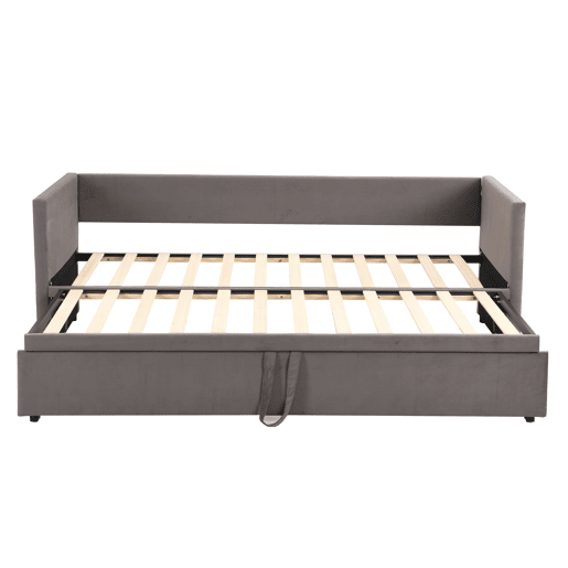 Cama de rodízio de veludo com estrado de ripas - 90180x200cm - Cinzento
