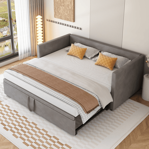 Cama de rodízio de veludo com estrado de ripas - 90180x200cm - Cinzento