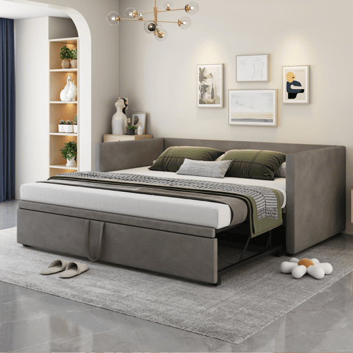 Cama de rodízio de veludo com estrado de ripas - 90180x200cm - Cinzento