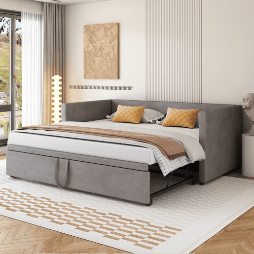 Cama de rodízio de veludo com estrado de ripas - 90180x200cm - Cinzento