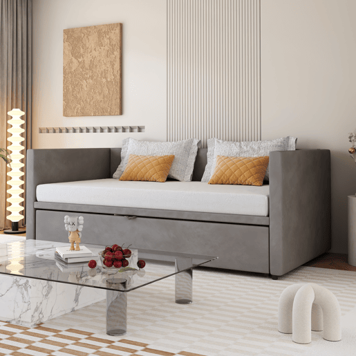 Cama de rodízio de veludo com estrado de ripas - 90180x200cm - Cinzento