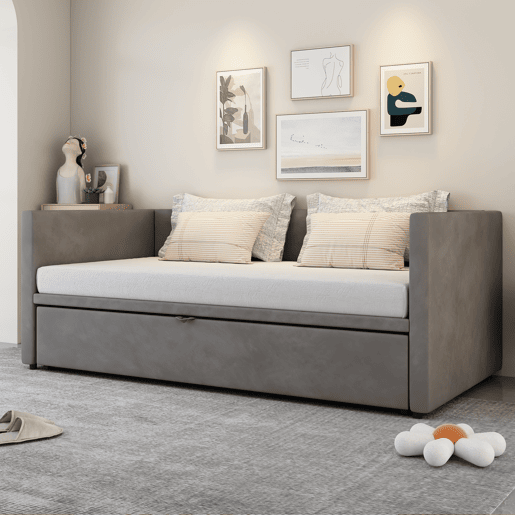 Cama de rodízio de veludo com estrado de ripas - 90180x200cm - Cinzento