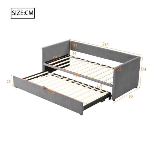 Cama de rodízio de veludo com estrado de ripas - 90180x200cm - Cinzento