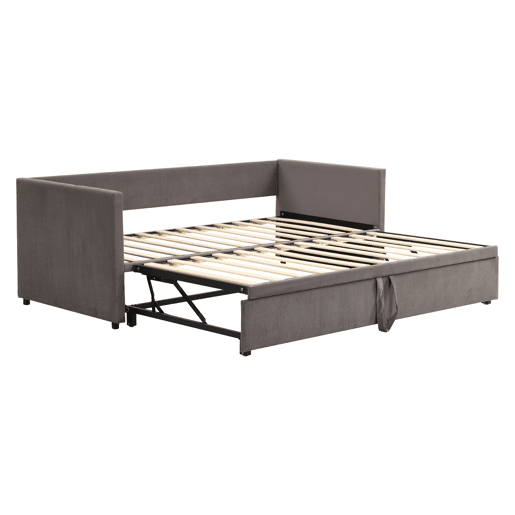 Cama de rodízio de veludo com estrado de ripas - 90180x200cm - Cinzento