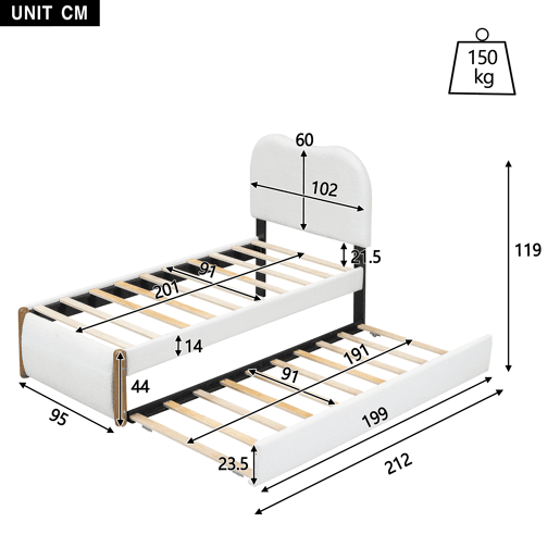 Cama estofada de pelúcia 90x200 cm - com cama de rodízio extraível 90x190 cm - com estrado de ripas de MDF - Branco