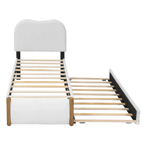 Cama estofada de pelúcia 90x200 cm - com cama de rodízio extraível 90x190 cm - com estrado de ripas de MDF - Branco