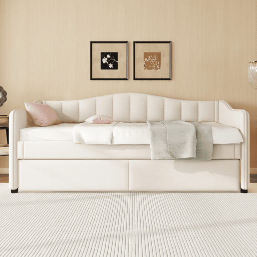 Cama individual 90x200 cm - sofá-cama extensível, luz ambiente, linho, estilo minimalista - bege